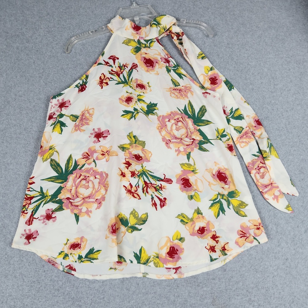Amoli Blouse Top Womens Medium Cream Floral Halter Neck Side Tie Bow Sleeveless